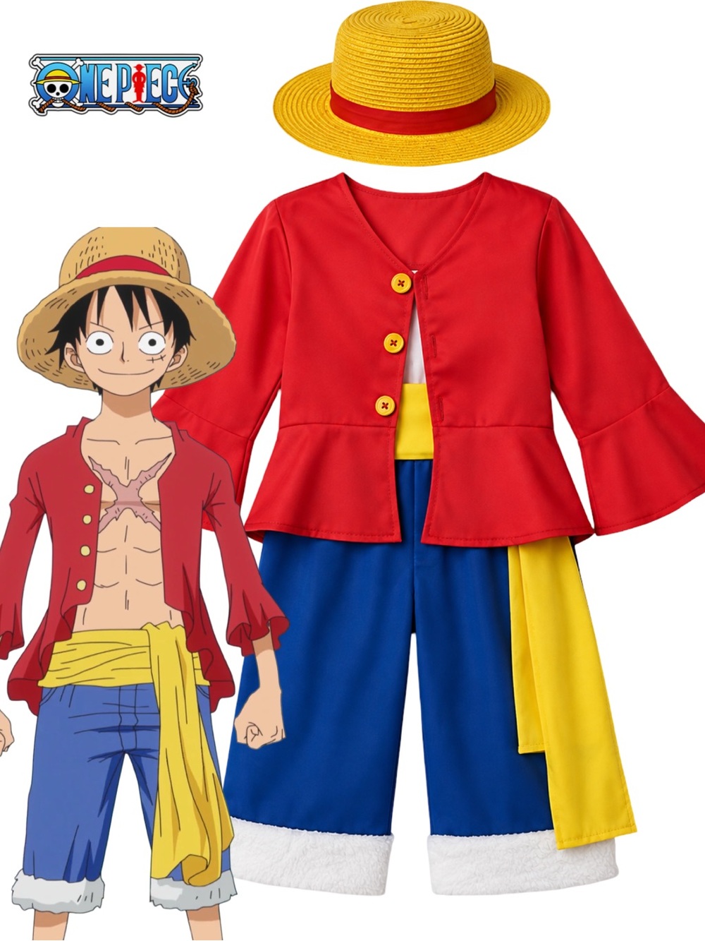 One Piece Luffy Costume Kids 8/9 Monkey D Luffy Anime Cosplay Halloween